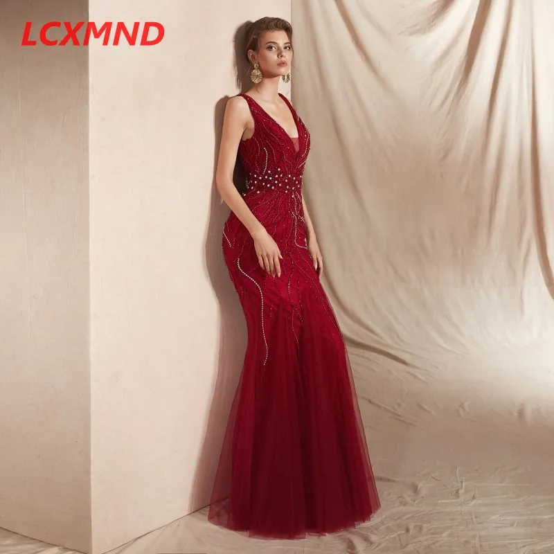Бордовое вечернее платье Русалочки с v-образным вырезом, длинное, Vestido de Festa, с открытой спиной, украшенное бисером, вечернее платье для выпускного бала, платья