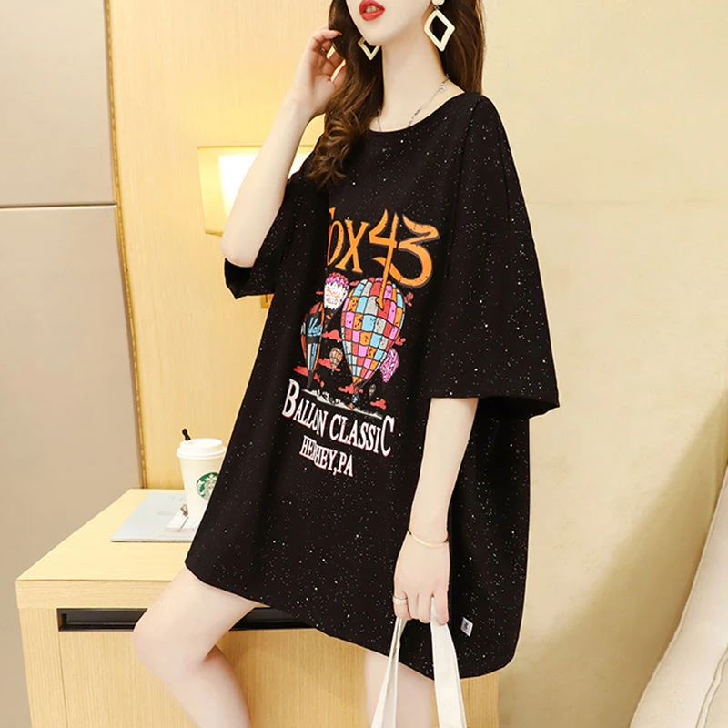 Camiseta negra por debajo de la rodilla para mujer, Tops de jerséis, camiseta de manga corta con gráfico suelto liso, moda coreana ropa de - AliExpress