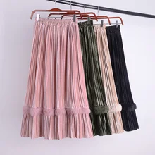 Зимняя винтажная эластичная юбка миди с высокой талией, плиссированная бархатная юбка с мехом для женщин, женские юбки saias