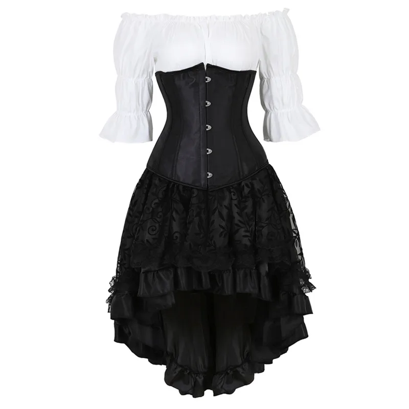 

Black Underbust Corset with Skirt Gothic Corset Dress Plus Size Lingerie Corsetto with Renaissance Blouse Three-piece Outfits