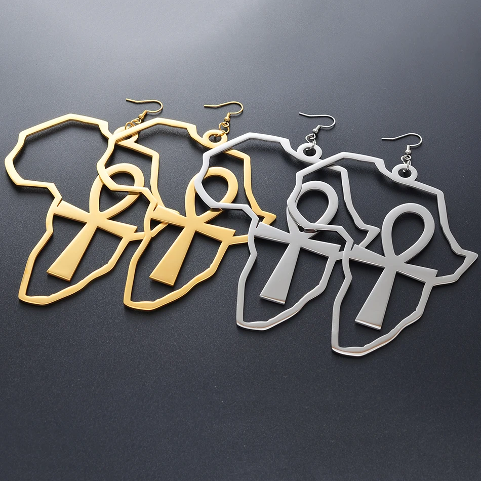Anniyo African Map Big Ankh Earrings Exaggerate Larger Earring Africa Egypt Nile Key Traditional Ethnic Hyperbole  #154721 2