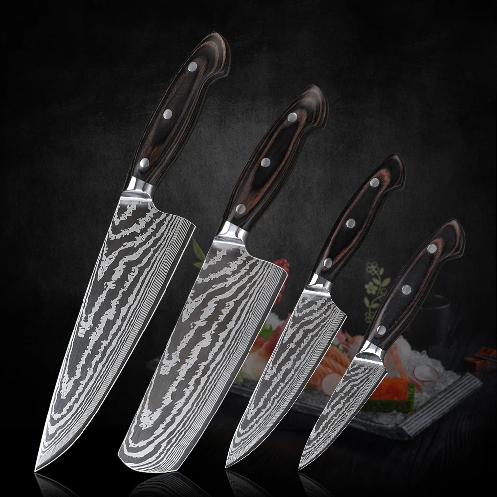 High Quality 4PCS Kitchen Knives Sets Laser Damascus Pattern Knife Sets