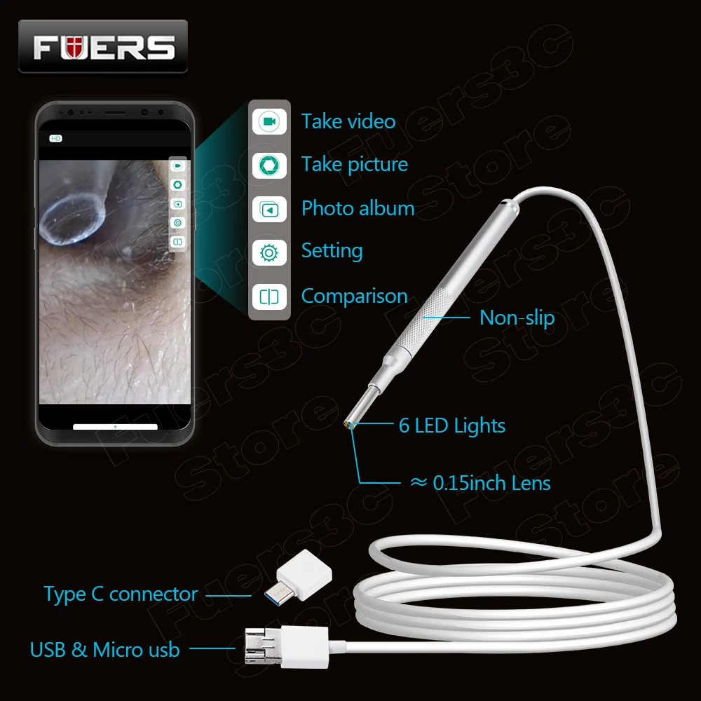 

Fuers 3 in 1 Ear Cleaning Endoscope USB Visual Ear Spoon 0.15 inch Mini Camera Android PC Ear Pick Otoscope Tool Health Care