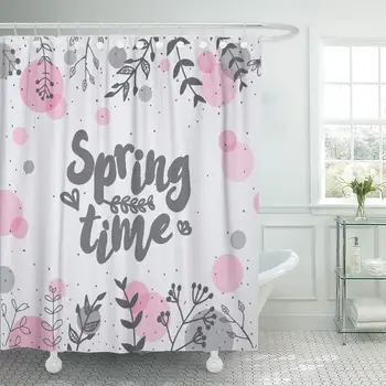 

Shower Curtain Set Waterproof Adjustable Polyester Fabric Pink Abstract Hand Lettering Spring Time Floral April 72 x 72 Inches