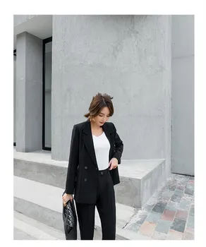 

2019 Women Vintage Light Green Suits Double Breasted Turn-Down Blazer Jacket Suits Pencil Pant Casual 2 Pieces Set