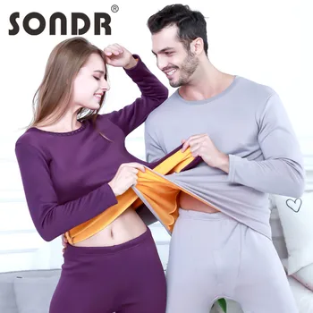 

SONDR Women Autumn Winter Warm Pyjamas Sets Unisex Thick Elastic Long Sleeve Sleepwear Pajamas Set Solid Flannel Inside Set
