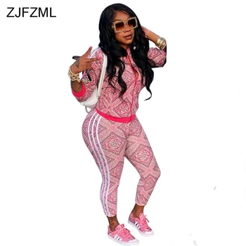 

ZJFZML Plus Size Sexy 2 Piece Matching Set Autumn Printed Outfits Long Sleeve Front Zipper Jacket+Skinny Pant Casual Sweat Suits