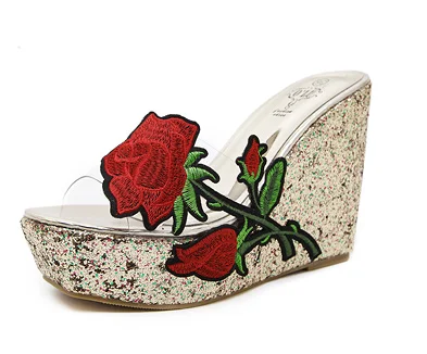 new bohemian rhinestone transparent slope with thick bottom waterproof platform lace slippers children - Цвет: Золотой