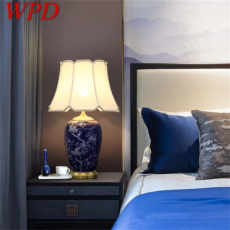 

WPD Blue Ceramic Table Lamps Brass Modern Luxury Fabric Desk Light Home Decorative for Living Room Dining Room Bedroom