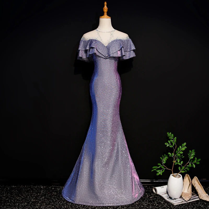 

Ruffles Sequins Bling Evening Party Gown Lady Rhinestone Patchwork Cheongsam Elegant Perspective Mermaid Dress Qipao Vestidos