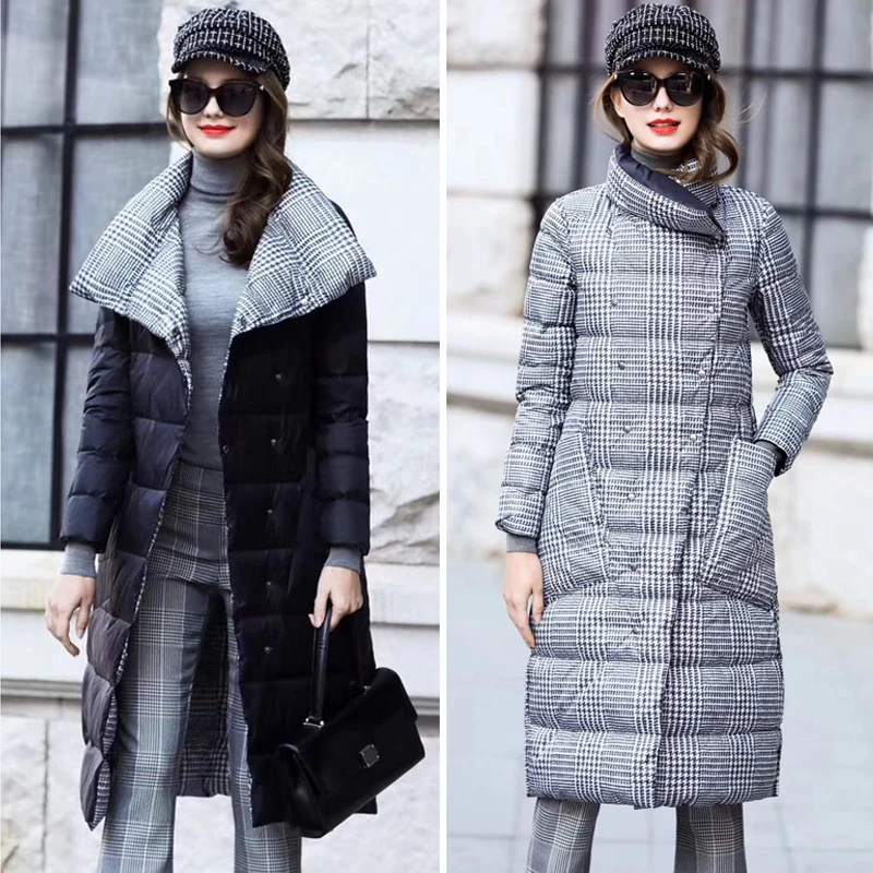 plaid and black Утиный пух, куртка для женщин, зимняя, длинная, толстая, двухсторонняя, в клетку, пальто для женщин размера плюс, теплый пуховик, парка для женщин, тонкая одежда - Цвет: plaid and black