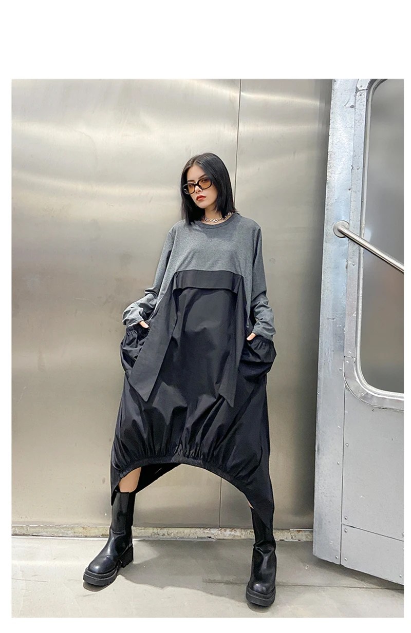 [EAM] Women Gray Contrast Color Big Size Dress New Round Neck Long Sleeve Loose Fit Fashion Tide Spring Autumn 2020 1DA259