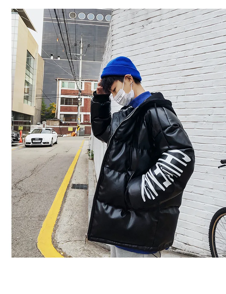 Intfeday 18 Winter Hot Sales Thick PU Leather Jacket Men's Korean-style INS Fashion Man Leather Cotton-padded Clothes Hooded Cot