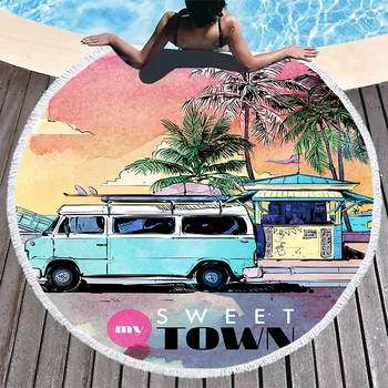 

Sketch Bus Beach Towels Vintage Printed Women Shawl Fringe Microfiber Round Fabric Bath Towels For Living Room Home Decorative