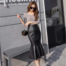 Осень зима женские до середины икры PU искусственная кожа юбки карандаш Высокая талия юбка-годе «русалка» Женские повседневные юбки Saias