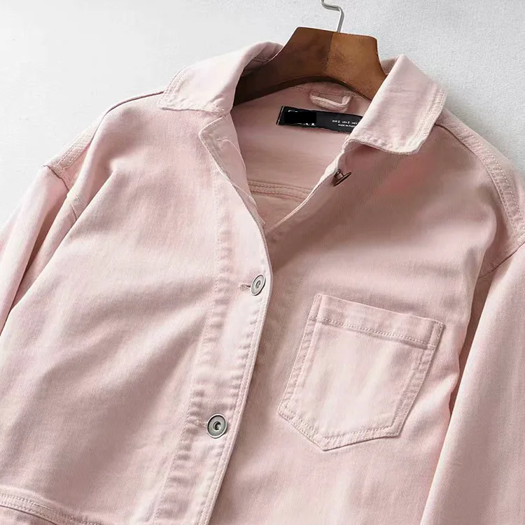 

Western Style Spring New Style Loose Tops Frayed Denim Jacket Pink Flash Pocket-Accent Coat