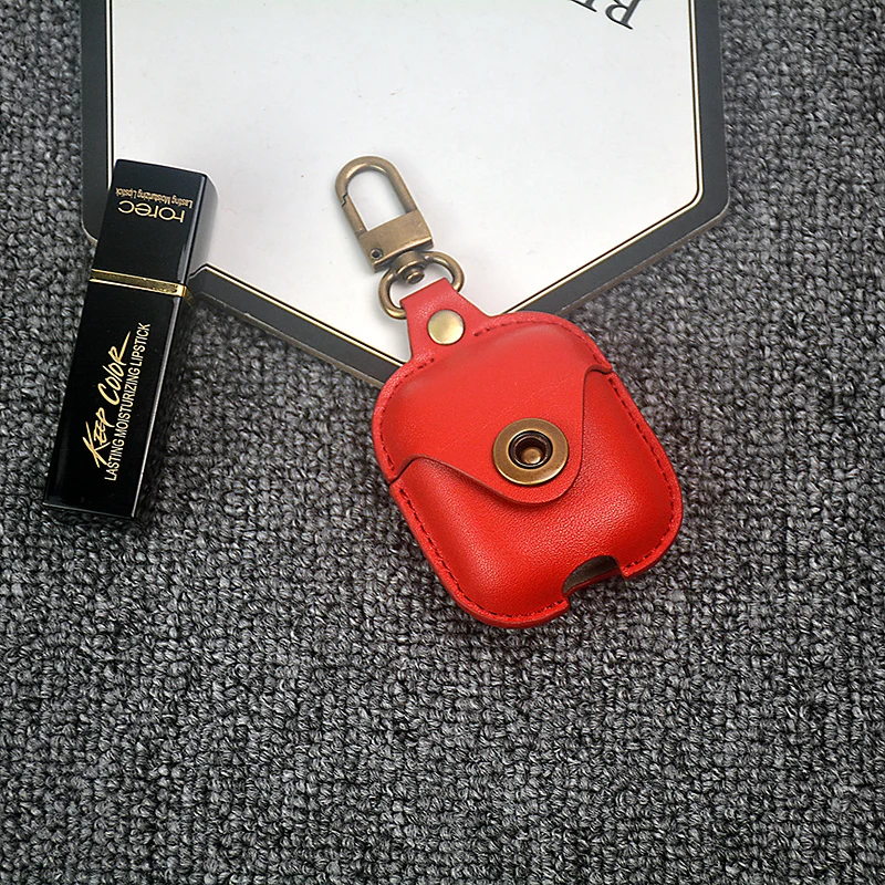 Роскошный CowhideLeather чехол для Apple AirPods кожаный чехол с кнопками кожаный защитный чехол для AirPods 2 анти-потеря - Color: Red / Pink