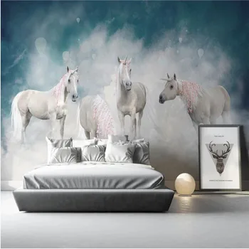 

Customized Large 3D Wallpaper Mural Nordic Dreaming White Horse Unicorn Background Wall Paper Mural