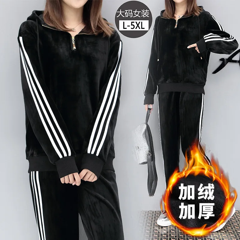

Western Style Fat Mm Winter 2019 New Style Stripes Two-Piece Set Brushed And Thick Hooded Europe And America Casual Sports WOMEN
