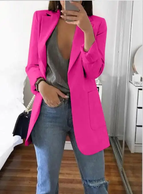 S-5XL Women Formal Blazer Pockets Casual Jackets Female Suits Coat Feminino blazers Outerwear Solid Cardigan Tops Plus Size - Цвет: Фуксия