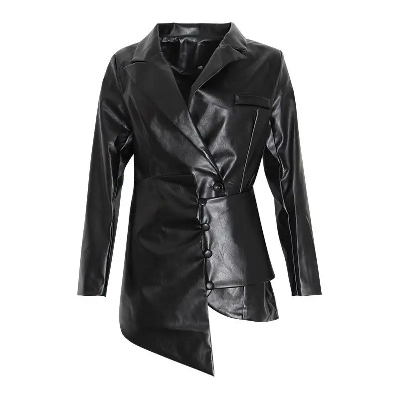 New Autumn Women Pu Leathers Coat Fashion Slim With Belt Hem Irregular Coats Female Notched Collar Blazers Coat