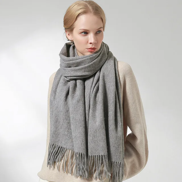 Russia 100% Pure Wool Scarf Women Thicken Warm Echarpe Wraps Ladies Foulard Femme Winter Solid Camel Merino Fine Wool Scarves Grey