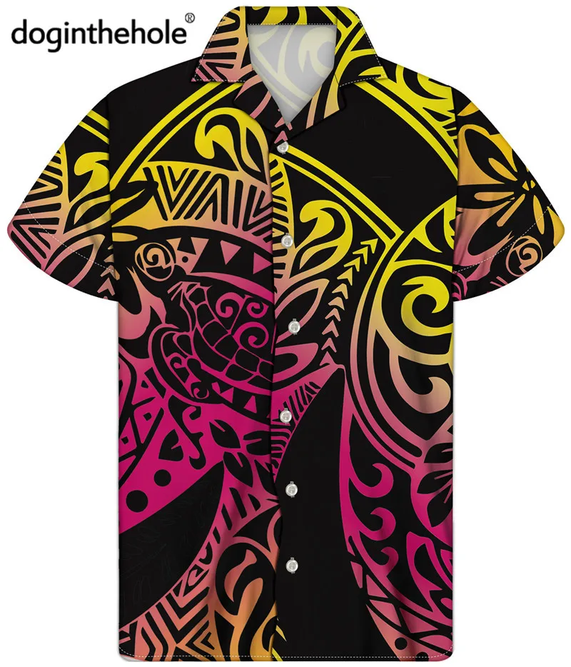 Doginthehole gradiente de Color de los hombres es Hawai camisas Vintage Samoa estampado Tribal pantalón corto Casual Camisa de manga playa cómodo Tops