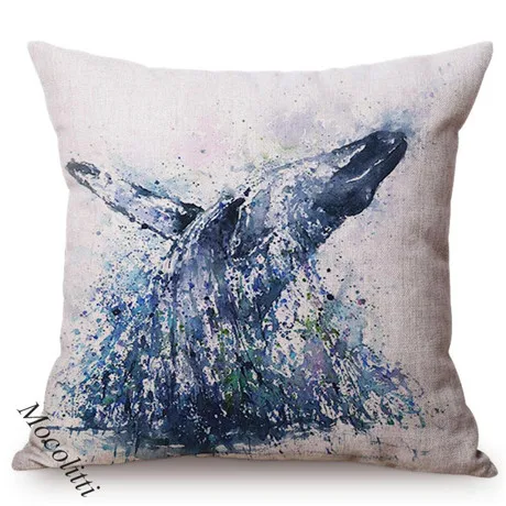 Blue Whale Style Ocean Animal Cushion Cover Water Color Painted Girls and Whale Dolphin Fairy Tales Decoration Sofa Pillow Cover 0097-11