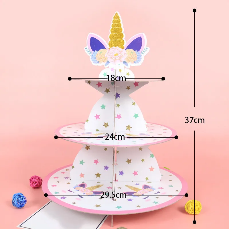 3 слоя Единорог круглый картон кекс Дерево Стенд складной дисплей Baby Showers день рождения Свадебная вечеринка события Декор поставки