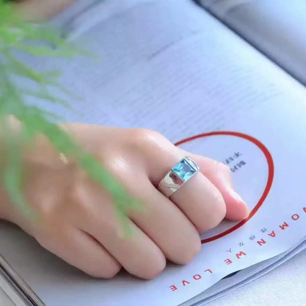 Мужское кольцо из 100% натурального синего топаза классическое серебряное с