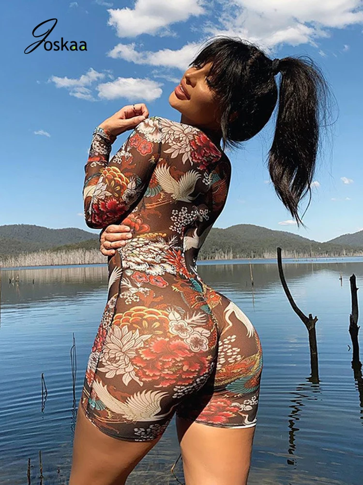 

Joskaa Y2k Vintage Sexy Party Clothes Long Sleeve Print Short Rompers Womens Jumpsuit 2021 Autumn Mesh Perspective Party Outfits