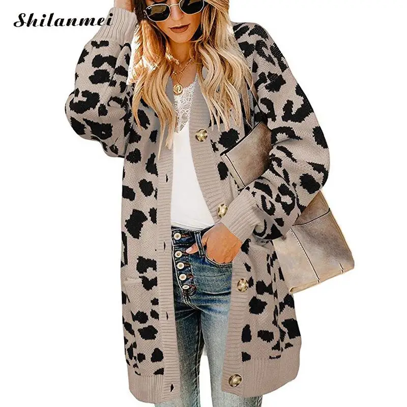 

Leopard Printed Long Sleeve Knitwear 2019 Long Cardigan Sweater Women Autumn Winter Sweater Harajuku Sueter Mujer Outerwear Coat