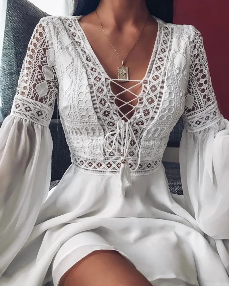 Cut Out V-neck Lace-up Long-Sleeve Chiffon Dress Crochet Lace Mini 2020 Summer Sundress Elegant Women Hollow | Женская одежда