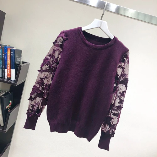 purple red pullovers Neploe, Новое поступление, вязаный свитер, женская одежда, марлевые топы с вышивкой, корейский Модный пуловер, свободный, с круглым вырезом, Sueter Mujer 91193 - Цвет: purple red pullovers