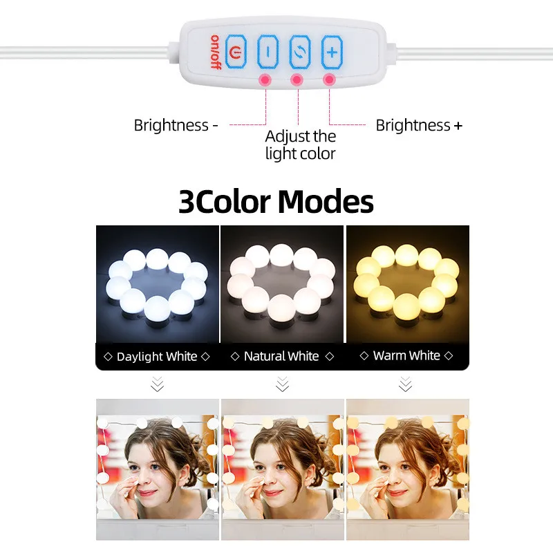Professional 14PCS Detachable Bulbs Three Colors LED Makeup Mirror Light USB Cosmetic Mirror Dressing Table Vanity Lights 20#12