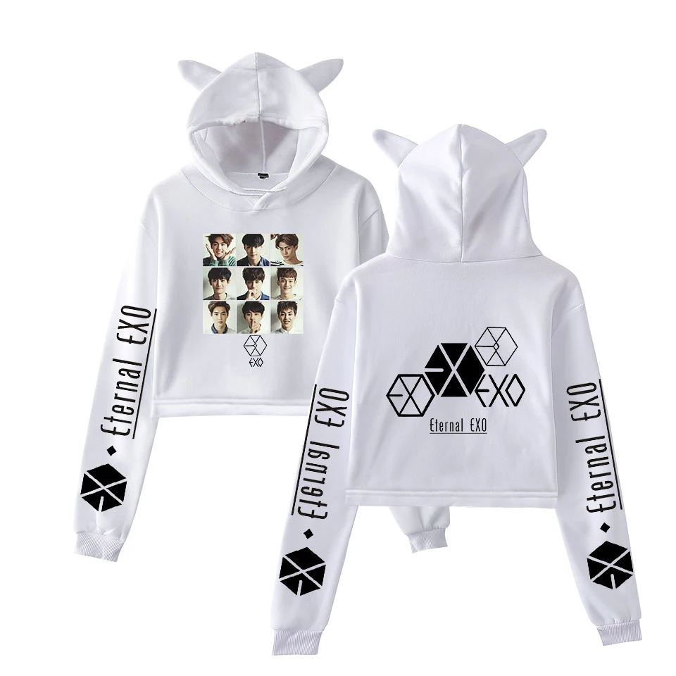 EXO Ablum Ulzzang Милая толстовка с кошачьими ушками Осенняя Женская Студенческая пуловеры Harajuku Повседневная укороченная Толстовка для женщин