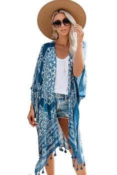 

Blue/Brown Anja Tassel Kimono Coat Top For Women Beach Bohemian Cover Up Swimwear Loose Open Front One Size