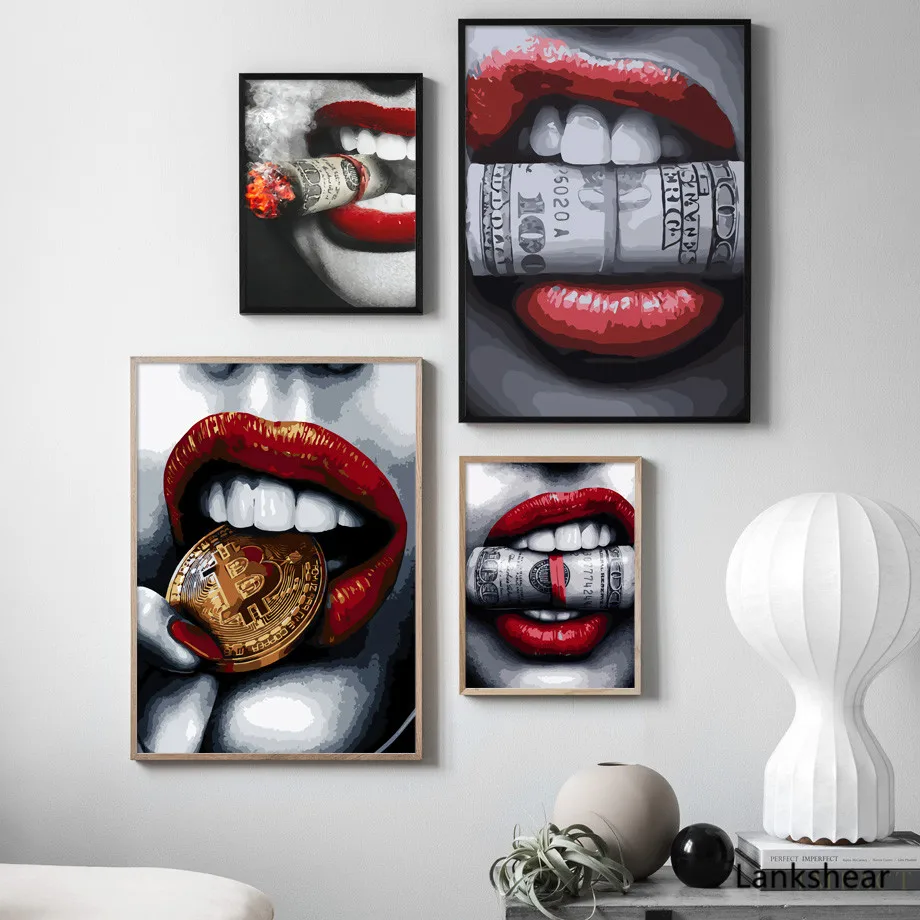 Абстрактная пикантная девушка красные губы золотые деньги настенная Картина на