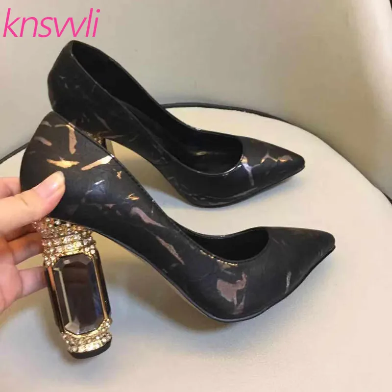 Knsvvli/туфли на высоком каблуке с кристаллами; женские вечерние модельные туфли с острым носком на каблуке с драгоценными камнями; женские туфли-лодочки; Цвет черный, розовый, белый; zapatos mujer