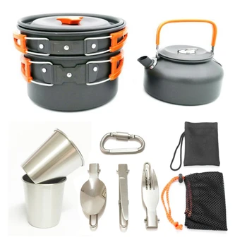 

Outdoor Cookware Pot Teapot Set Portable Camping Cookware Combination Aluminum Tableware Orange
