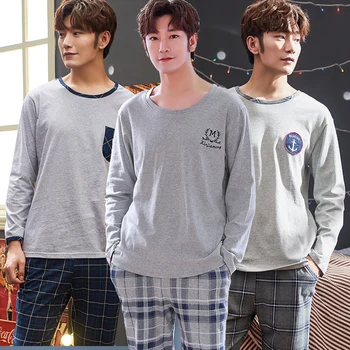 

2020 Autumn 100% Cotton Long Sleeve Pajama Sets for Men High Quality Plaid Pants Sleepwear Pyjamas Male Lounge Homewear Clothes