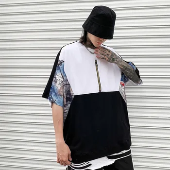 

High Street Patchwork Oversized T-Shirt Men Hip-Hop Rock Street Spoof Character Printed Zipper Half Sleeve Tee Shirt Homme