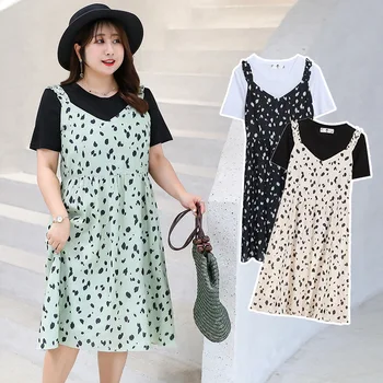 

Women's spring chiffon polka dot two-piece dress plus size knee length casual dress 100 kg can be worn