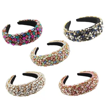 

Baroque Women Handmade Crystal Beaded Headband Holographic Colorful Jewelry Bandana Sponge Padded Retro Prom Headdress