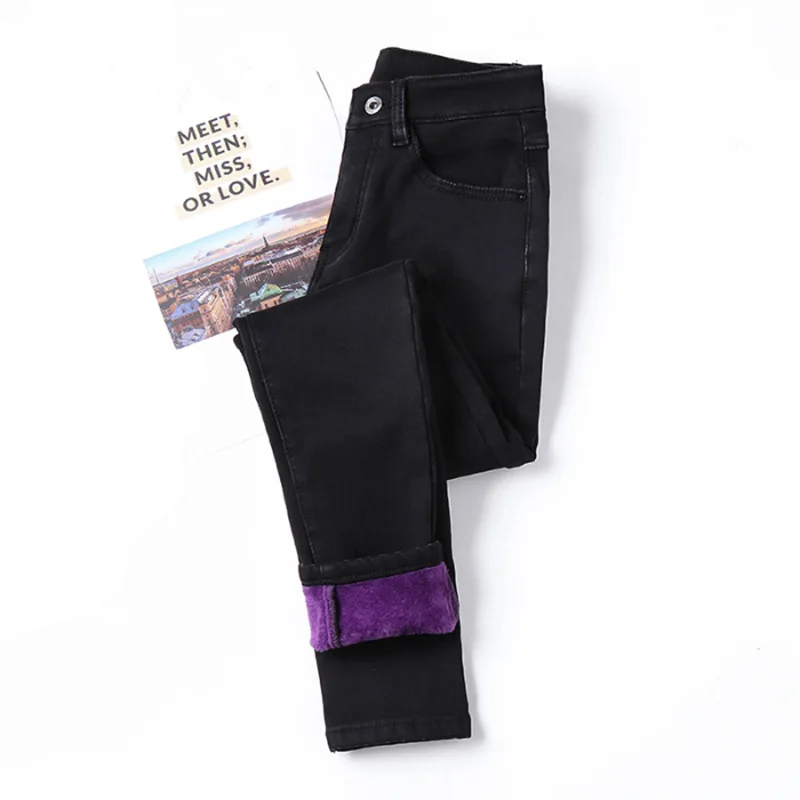 black-purple GBYXTY, плюс размер, джинсы, зимние, толстый флис, джинсы для женщин, высокая талия, тянущиеся, обтягивающие, мех, узкие, джинсовые штаны, Trousres ZA1849 - Цвет: black-purple