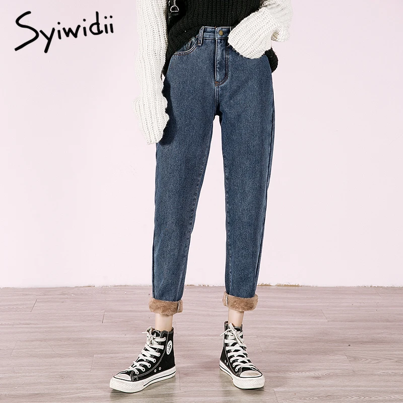 Mom Jeans Clothing Harem-Pants Velvet High-Waist Plus-Size Woman Blue Winter Denim 