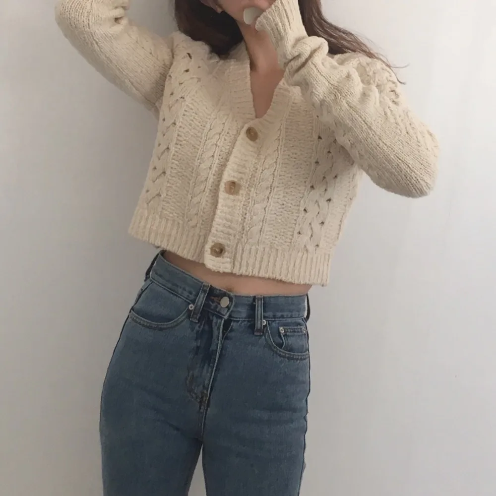 HziriP Vintage All-Match V-Neck Sexy Cardigans Twisted Hollow Out Fashion Slim Loose Knitted Women Casual Tops Short Sweaters