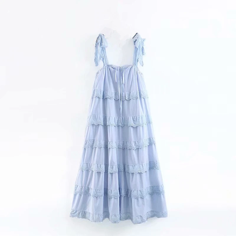 sky blue Винтаж шик Для женщин, без рукавов, на лямках, с оборками, большое, Пляжное, для свинга в богемном стиле каштановых платья женские хлопковые плиссированные макси платье vestidos - Цвет: sky blue