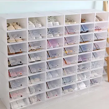 

2PCS Thicken Shoes Box Transparent Stackable Shoes Storage Box Plastic Shoe Container home storage organizer (White)