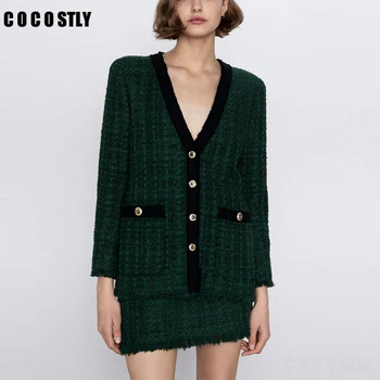 

2020 Autumn Vintage Plaid Tweed Two Piece Set Women Sexy V-Neck Tassel Tweed Jacket Coat + Mini A-Line Skirt Sets Female Suits